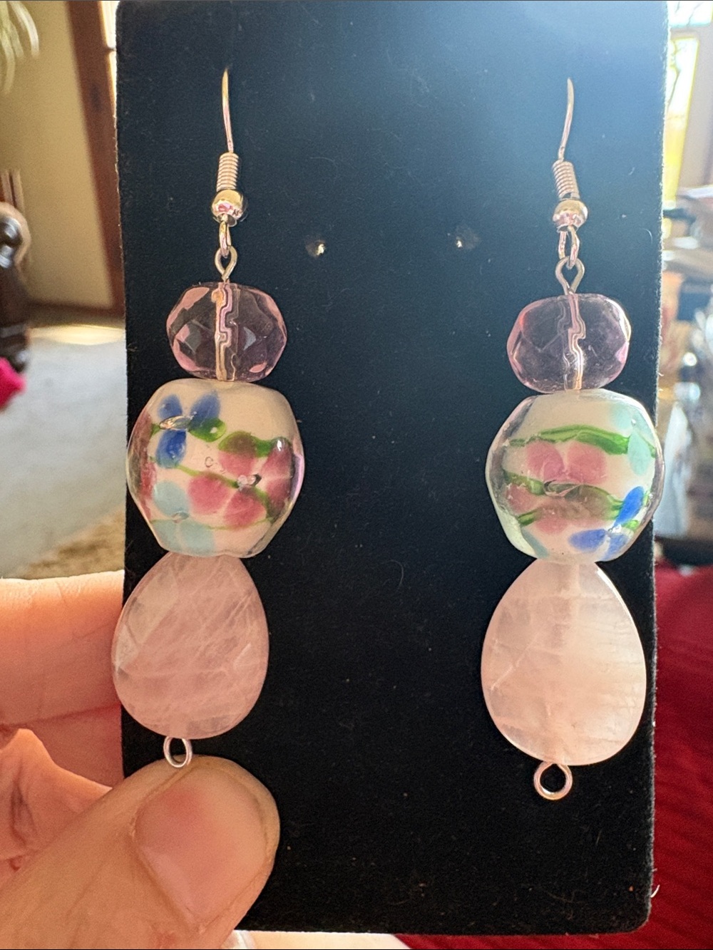 Handcrafted Pink Floral Glass & Rose Quartz Drop Earrings